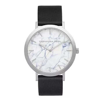 Christian Paul 大理石銀色系列 白錶盤/黑色皮革錶帶手錶43mm