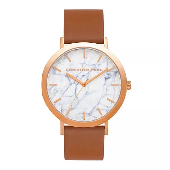 Christian Paul 大理石玫瑰金系列 白錶盤/棕色皮革錶帶手錶43mm