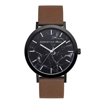 Christian Paul 大理石黑色系列 黑錶盤/深棕色皮革錶帶手錶43mm