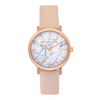 Christian Paul 大理石玫瑰金系列 白錶盤/粉桃色皮革錶帶手錶35mm