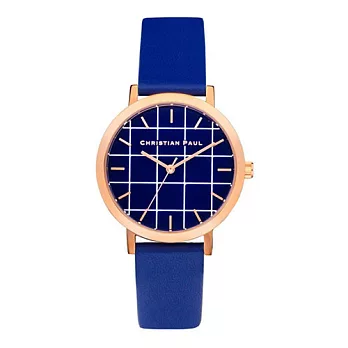 Christian Paul 經典格紋玫瑰金系列 海軍藍錶盤/海軍藍色皮革錶帶手錶35mm