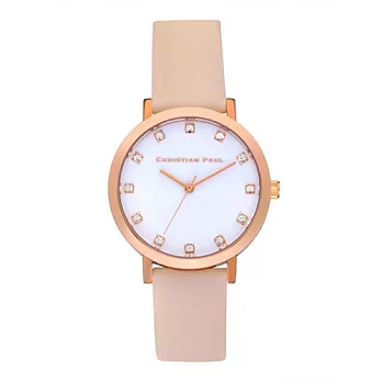 Christian Paul 奢華水晶玫瑰金系列 白錶盤/粉桃色皮革錶帶手錶35mm