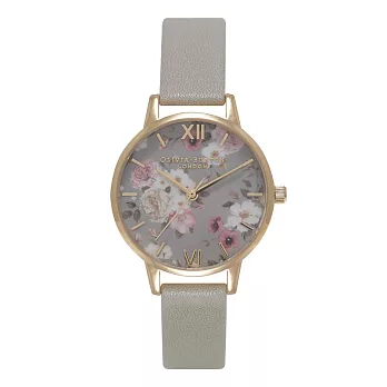 Olivia Burton 英倫復古手錶 迷幻花園 灰色真皮錶帶 金色錶框 30mm
