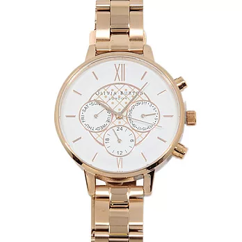 Olivia Burton London 英倫復古精品手錶 優雅錶面 三眼計時 玫瑰金色金屬錶帶 玫瑰金錶框 38mm
