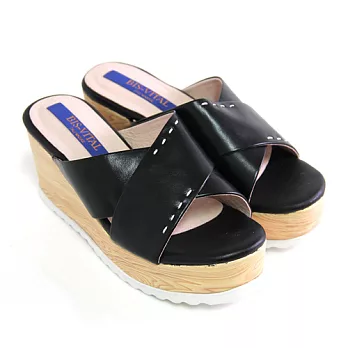 BIS-VITAL 風尚唯美素面寬版交叉進口小羊皮厚底拖鞋37黑色