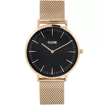 CLUSE MESH金屬系列 黑錶盤/玫瑰金色錶帶錶框38mm