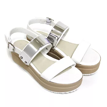 【Pretty】韓系寬版金屬片繞踝厚底涼鞋22.5白色