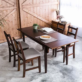 CiS自然行實木家具-雙邊延伸實木餐桌椅組一桌四椅74x166公分/焦糖+淺灰椅墊A南法原木椅