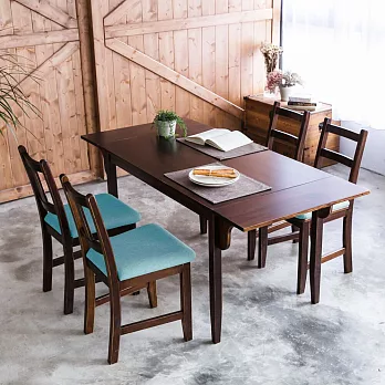 CiS自然行實木家具-雙邊延伸實木餐桌椅組一桌四椅74x166公分/焦糖+湖水藍椅墊A南法原木椅