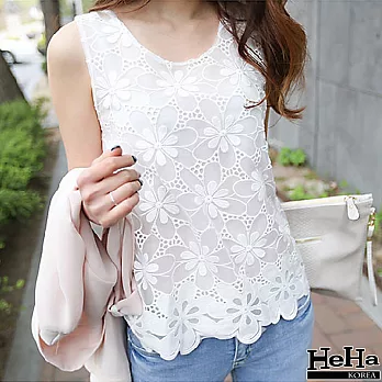 背心 寬鬆無袖蕾絲雪紡背心 白色-HeHa-L*