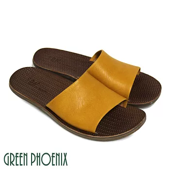 ◤Green Phoenix◥全真皮耐磨壓編織紋室內外兩用平底女拖鞋M黃色