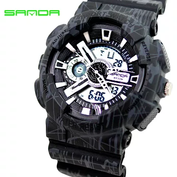 SANDA 799 多功能潮流雙顯夜光防水中性運動錶- 黑色迷彩