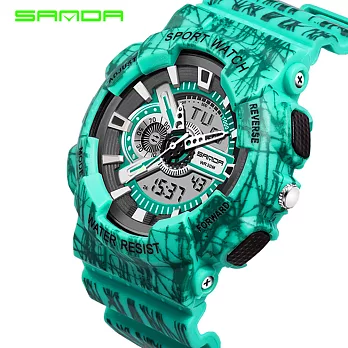 SANDA 799 多功能潮流雙顯夜光防水中性運動錶- 綠色迷彩
