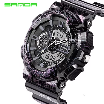 SANDA 799 多功能潮流雙顯夜光防水中性運動錶- 紫色迷彩