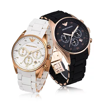 【EMPORIO ARMANI】時尚玫瑰金橡膠包覆精鋼情人對錶(AR5905/AR5920)