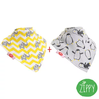 英國Zippy 幼兒時尚口水巾2入組-大象黃+企鵝灰