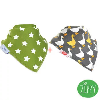 英國Zippy 幼兒時尚口水巾2入組-星星綠+小鴨灰