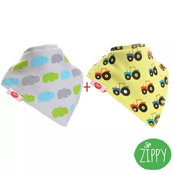 英國Zippy 幼兒時尚口水巾2入組-河馬灰+黃拖拉機