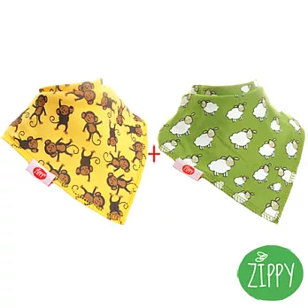 英國Zippy 幼兒時尚口水巾2入組-猴子黃+綠綿羊