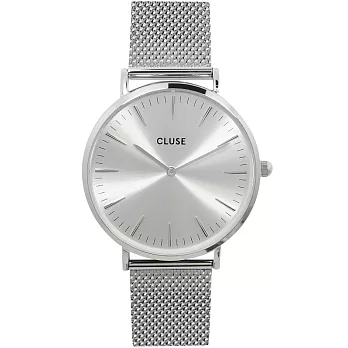 CLUSE 波西米亞不鏽鋼系列灰錶盤/銀色金屬錶框錶帶手錶/38mm
