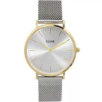 CLUSE 波西米亞不鏽鋼系列灰錶盤/金錶框/銀色金屬錶帶手錶/38mm