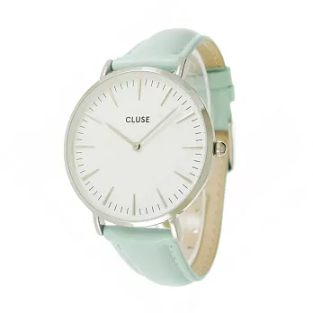 CLUSE 波西米亞銀色系列白錶盤/粉薄荷綠皮革錶帶手錶 38mm