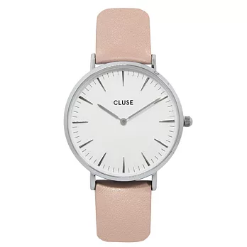 CLUSE 波西米亞銀色系列白錶盤/粉色皮革錶帶手錶/38mm