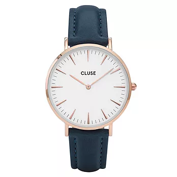 CLUSE 波西米亞玫瑰金系列白錶盤/藏青色皮革錶帶手錶38mm