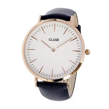CLUSE 波西米亞玫瑰金系列白錶盤/午夜藍皮革錶帶手錶/38mm