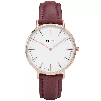 CLUSE 波西米亞玫瑰金系列白錶盤/酒紅皮革錶帶手錶/38mm