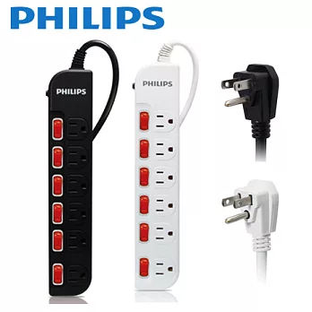 【PHILIPS 飛利浦】過載防護型 6開6插3孔電源延長線 (1.8M) SPB1661 _黑色