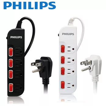 【PHILIPS 飛利浦】過載防護型 4開4插3孔電源延長線 (1.8M) SPB1641_黑色