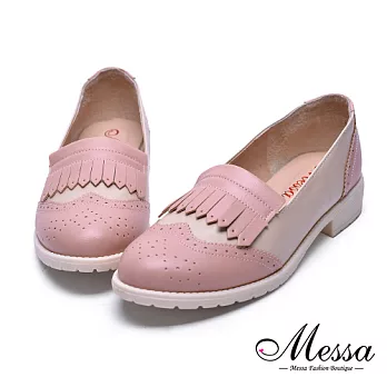 【Messa米莎專櫃女鞋】MIT流蘇雕花仿牛津內真皮造型跟鞋36粉紅色