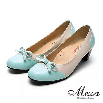 【Messa米莎專櫃女鞋】MIT可愛彩帶異材質拼接內真皮高跟鞋35藍綠色