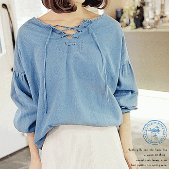 【SCL南加州丹寧時尚】T1642 兩色綁帶蓬鬆感燈籠袖前短後長牛仔罩衫 (L-2L)2XL淺藍