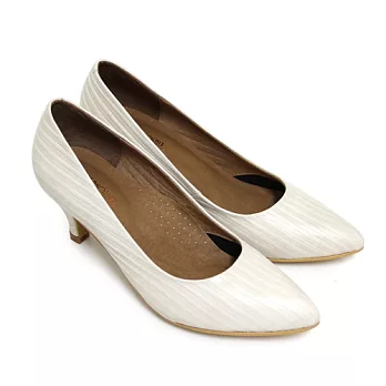 ◤Green Phoenix◥BIS-VITAL 俐落直條壓凸紋義大利小羊皮高跟尖頭包鞋34白色