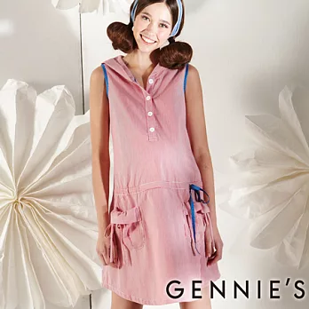 【Gennies奇妮】甜美女孩細條紋連帽孕婦背心洋裝-紅S紅
