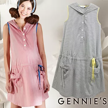 【Gennies奇妮】甜美女孩細條紋連帽孕婦背心洋裝-墨綠灰S墨綠灰