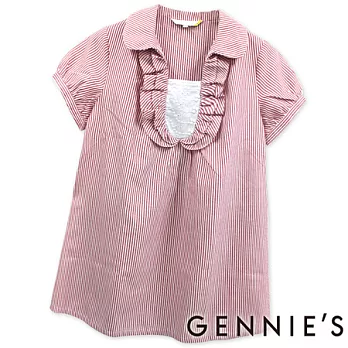 【Gennies奇妮】荷葉領繽紛條紋春夏孕婦上衣-紅M紅