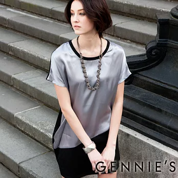 【Gennies奇妮】金屬光澤拼接設計圓領春夏孕婦洋裝S黑