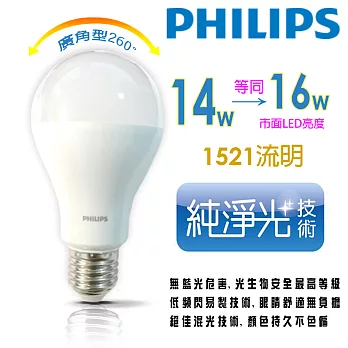 【PHILIPS 飛利浦】14w廣角型純淨光LED節能燈泡(4入)白光