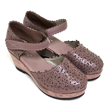 ◤Green Phoenix◥雕花壓克力水鑽花邊沾黏式全真皮仿舊楔型瑪莉珍鞋36紫色