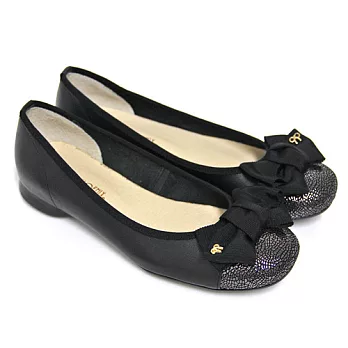 ◤Green Phoenix◥金屬爆裂紋緞面蝴蝶結全真皮平底娃娃鞋5.5黑色