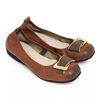 ◤Green Phoenix◥秋分柔情雙彩金屬交叉裝飾束口全真皮平底娃娃鞋23橙色