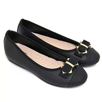 【Pretty】典雅朵結金屬拼接平底娃娃鞋25黑色