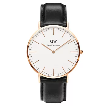 DW Daniel Wellington 經典黑色皮革腕錶-金框/40mm(0107DW)