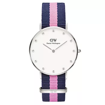 DW Daniel Wellington 施華洛世奇水晶藍粉紅帆布腕錶-銀框/34mm(0962DW)