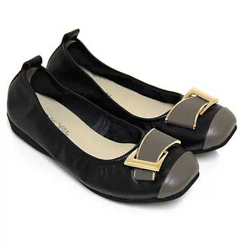 ◤Green Phoenix◥秋分柔情雙彩金屬交叉裝飾束口全真皮平底娃娃鞋21.5黑色