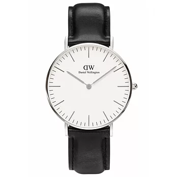 DW Daniel Wellington 經典黑色皮革時尚女錶-銀框/36mm(0608DW)