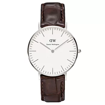 DW Daniel Wellington 時尚深咖啡鱷魚紋腕錶-銀框/36mm(0610DW)